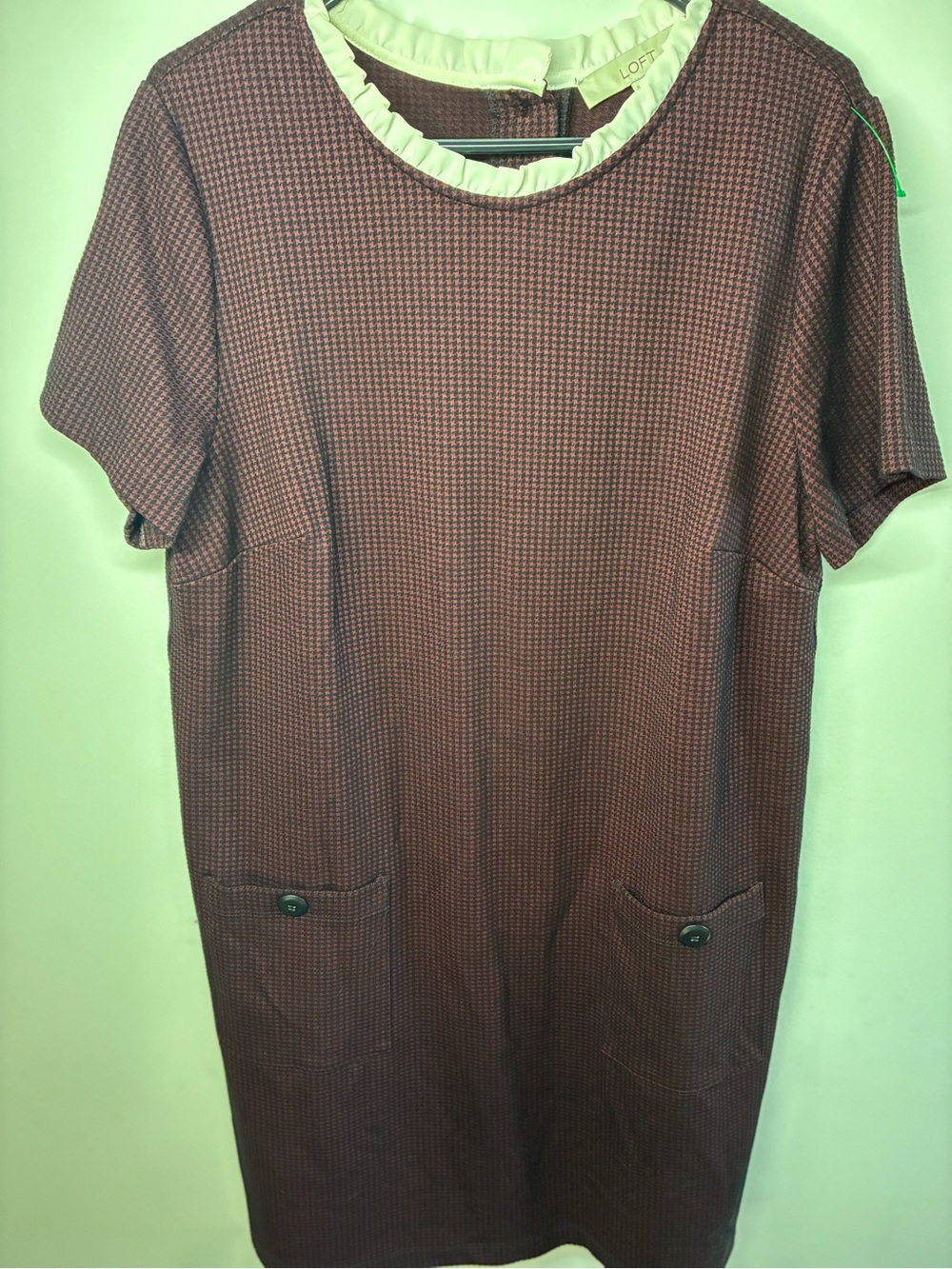 LOFT Burgundy & Black Houndstooth Shift Dress with Contrast Trim